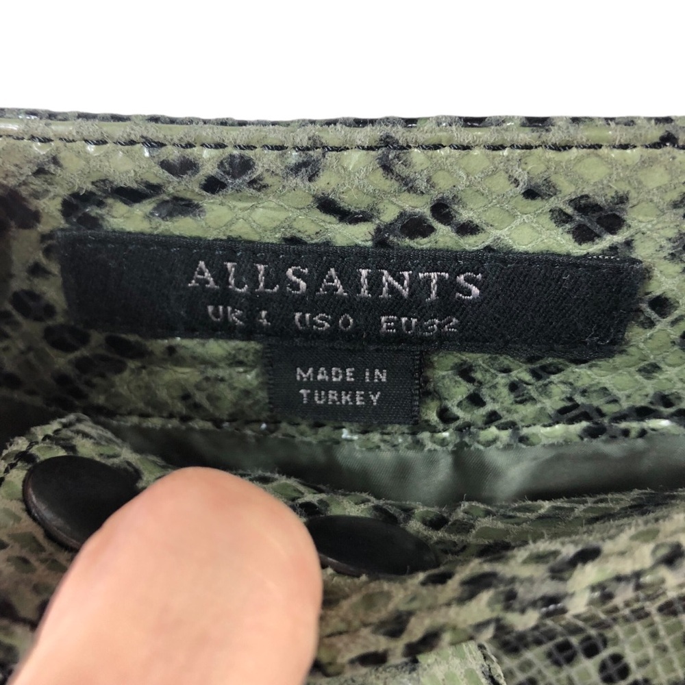 Allsaints Lena Oba Leather Skirt Sz O Snake Green A Line Mini Zip Front FLAWED - Picture 6 of 9